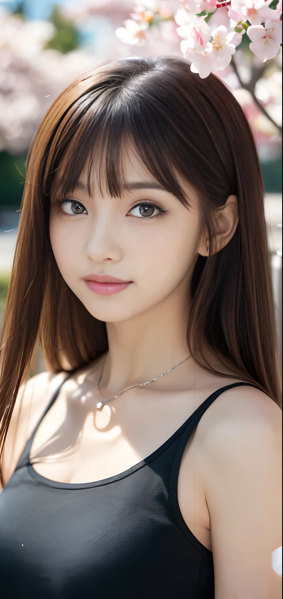 ((Tabletop, highest quality, High resolution, Hmph, Perfect Pixel, Written boundary depth, 4K, Hmph, Hmph))), 1 girl, single, alone, Beautiful Anime Girls, Beautiful art style, Anime characters, ((Long Hair, bangs, Brown Hair)), ((Green Eyes:1.4, Round eyes, Beautiful eyelashes, Realistic eyes)), ((Detailed face, blush:1.2)), ((Smooth texture:0.75, Realistic texture:0.65, Realistic:1.1, Anime CG Style)), Dynamic Angle, ((Black tank top, hot pants, Stylish, 1 diamond necklace)), smile, amusement park, ((cherry blossoms, cherry blossomsの花が散る))