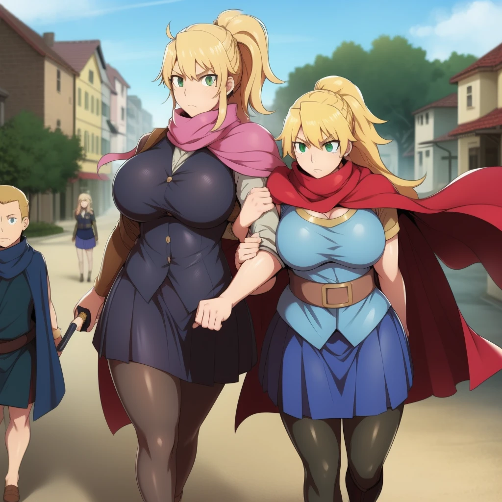 skirt vest, pantyhose, ponytail, long hair, blond hair, knight, medium breast,alicetaria february, green eyes,, walking, lance holding, cape, scarf, walking