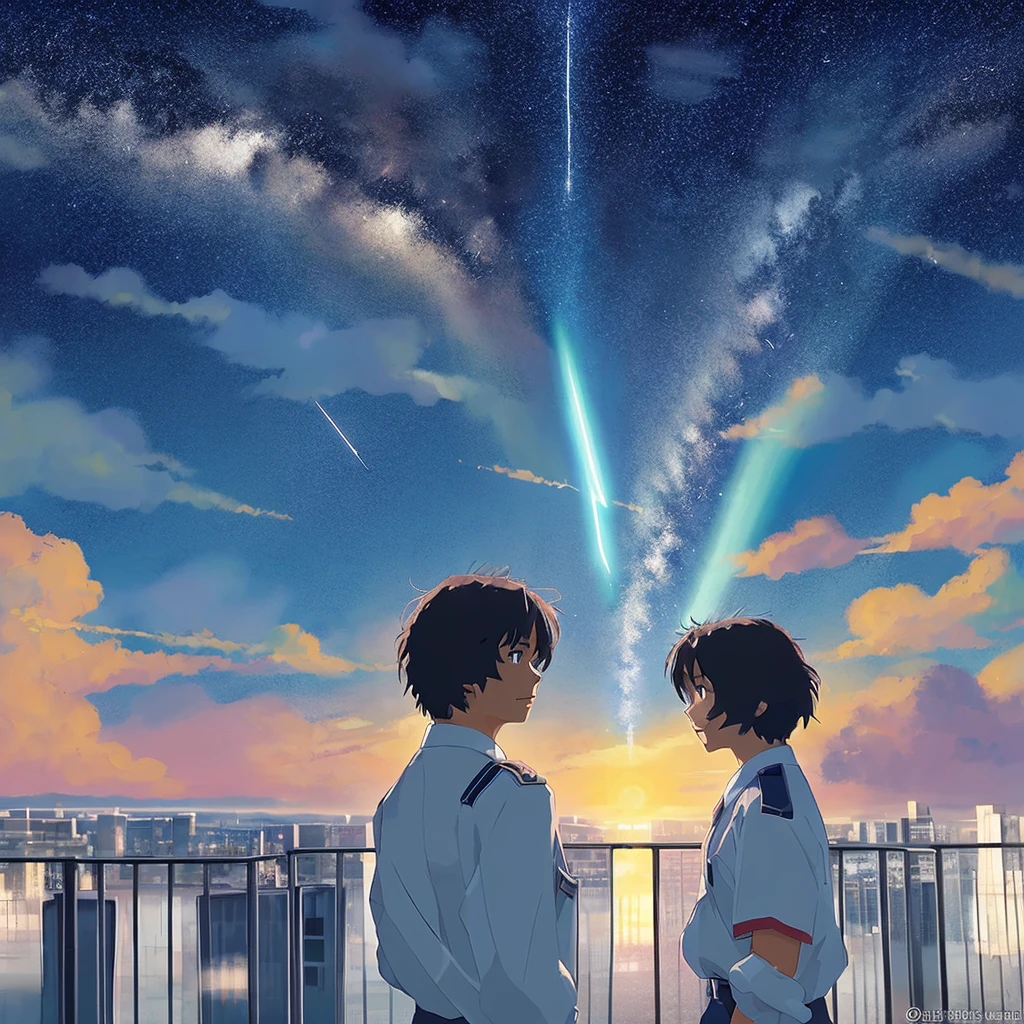Inspired by the movie "Your Name" Two people in uniforms facing away from each other with a shooting star in the background