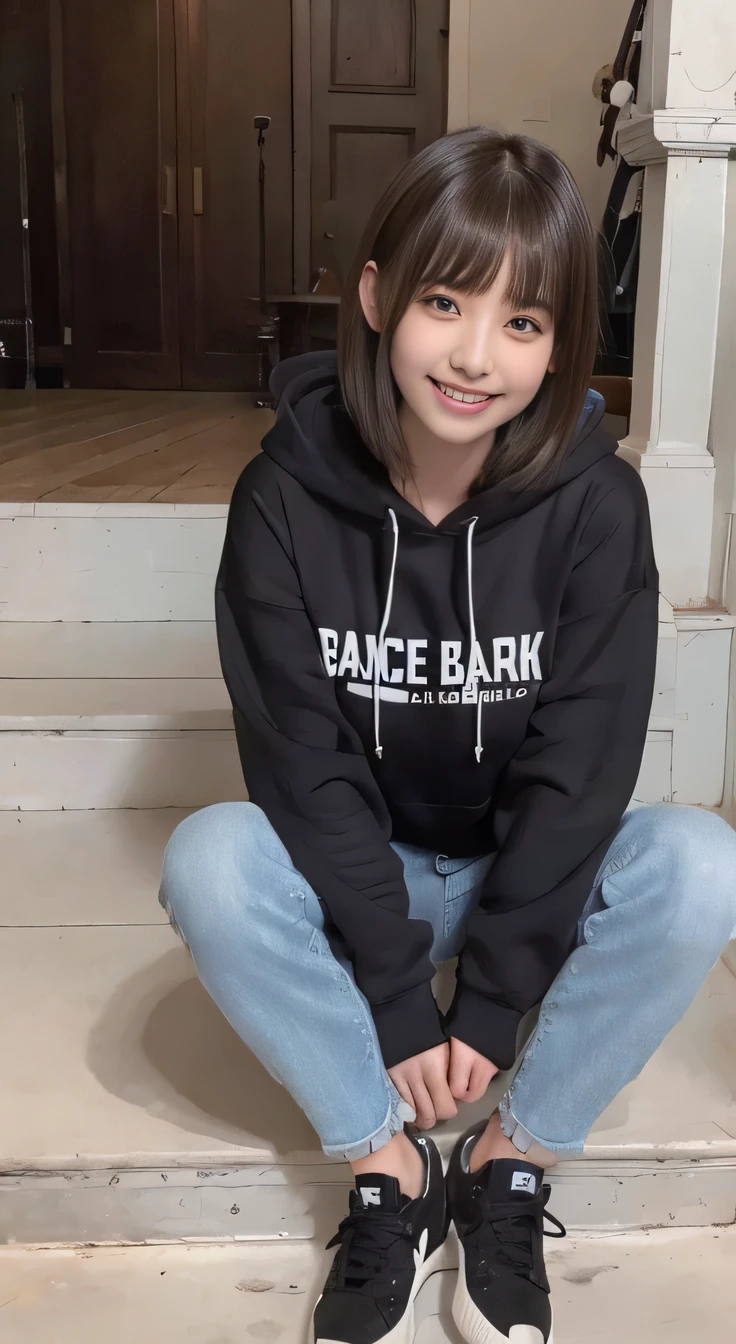 highest quality, Realistic, Very detailed, Finer details, High resolution, 8k wallpaper, One beautiful woman,Sit on the stairs、smile、（Beautiful teeth alignment、）（Gums are visible） Oversized hoodie, Skinny jeans,（ Black sneakers）、Black Hair、 Beautiful Bangs、ear piercing、Perfect dynamic composition, Beautiful and detailed, Full Body Shot, A big smile waiting to start