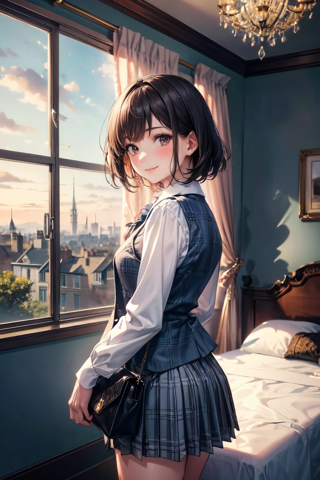 very cute and beautiful girl,(highly detailed beautiful face), standing near bed sheet,long sleeve white blouse,plaid vest,looking at viewer,(smile),blush,embarrassed, black hair BREAK fashion bag,cosmetic bags,pleated darkblue mini skirt, antique hotel bedroom,window,distant trees and town, (best quality,masterpiece),absurdres,highres,ultra-detailed,extremely detailed,32k,8k resolution, intricate details,cinematic scene,detailed background,solo,dynamic angle,