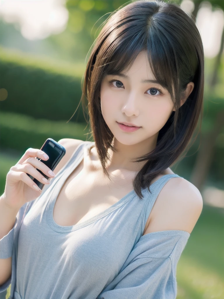 Japanese women, 19 years old, (Realistic), (Hyperrealism), (photoRealistic), (8k resolution), Written boundary depth, (Upper Body:1.2), Highly detailed face, Beautiful Eyes, Cute face, various expressions, Mr.々Hair style, (Small breasts:0.9), (Very small waist:0.7), Casual clothing、Holding a mobile phone、