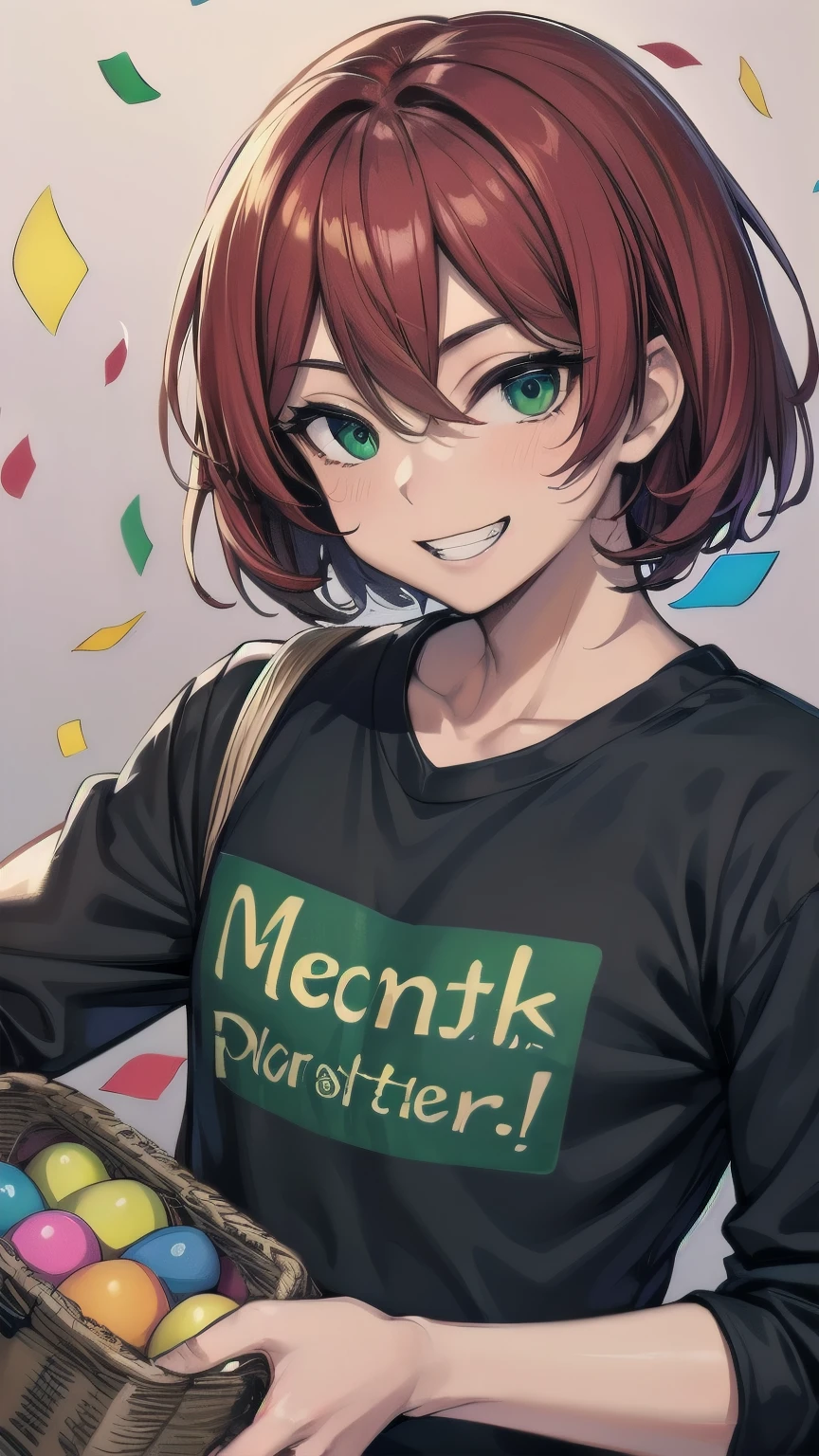 (masterpiece), ((sfw)), best quality, expressive eyes, perfect face, mature male, (1boy, adult Man, young adult, handsome man), solo, red hair BREAK bob cut, green eyes BREAK (tanned skin, tanned male), confetti, rainbow background, upper body, standing, Easter Eggs, picnic basket, smile, grin, red t-shirt BREAK black pants BREAK standing, :D, smile
