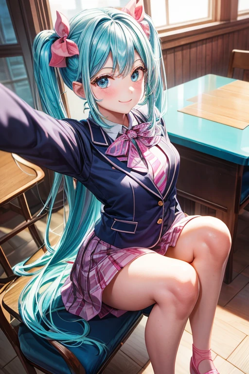 （Hoan Lap，High resolution，Hyper Detail，Hmph），masterpiece，highest quality，One girl ，good looking，長いPink twin tailsヘア，Detailed face，Pink twin tails、expensive 、Dark Blue Blazer、Pink mini skirt、Pink tie、School，date、Whole Body Ezbian、Dimples、，Glorious brilliance、Selfie，Light Smile，（Turquoise eyes）