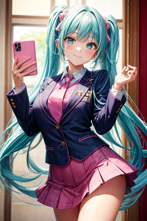 (Hoan Lap,High resolution,Hyper Detail,Hmph),masterpiece,highest quality,One girl ,good looking,長いPink twin tailsヘア,Detailed face,Pink twin tails、expensive 、Dark Blue Blazer、Pink mini skirt、Pink tie、School,date、Whole Body Ezbian、Dimples、,Glorious brilliance、Selfie,Light Smile,(Turquoise eyes)