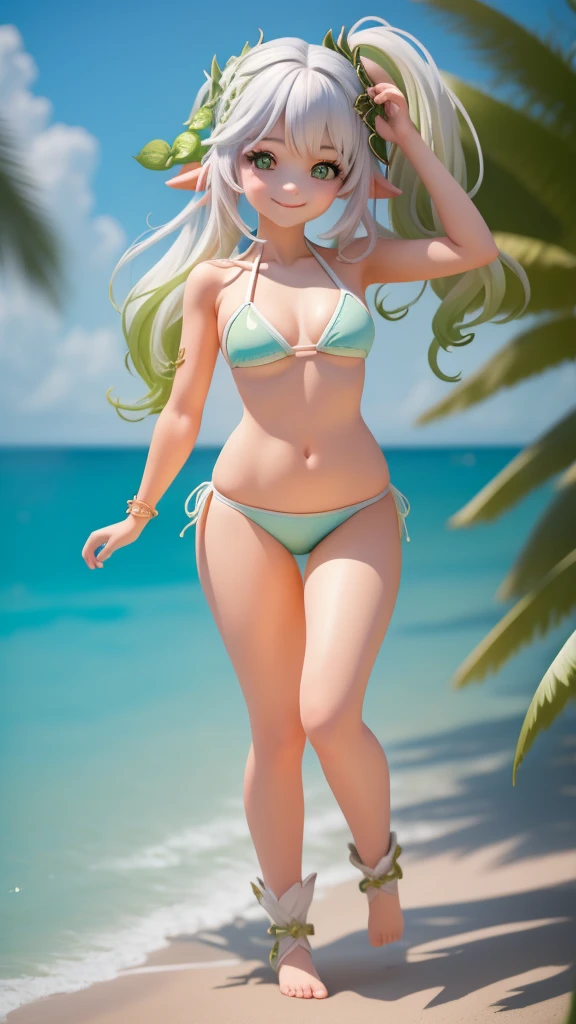 (Masterpiece), (Best Quality), (Ultra-detailed), (Full Body: 1.2)  Girl, Light and Detailed, Clear Smile, Full Body, Beautiful Hair, Beach, (((Bikini))), barefoot.