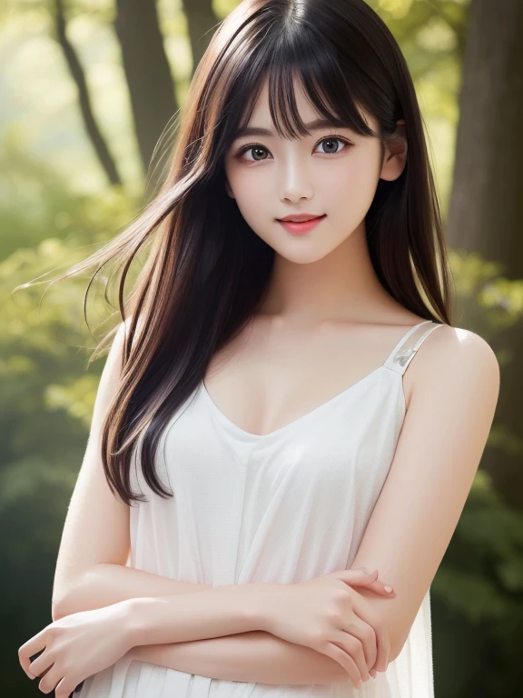 (masterpiece)、(highest quality:1.5)、(16kのwallpaper:1.2)、(Photorealistic:1.2)、(Ultra-detailed:1.2)、(超A high resolution:1.2),Healthy thighs、Narrow waist、Big ass、(Beautiful legs)、(Surreal), (figure), (High resolution), (Very detailed), (best figure), (Beautiful fine details),(Sharp focus), (Professional), (Realistic), (Post-processing), (maximum detail),Roughness, (highest quality), (Very detailed), (masterpiece), (wallpaper), (Detailed face),((Perfectly detailed five-fingered hands)),Beautiful realistic face,(Anatomically correct body)、((1 female:1.4))、Realistic far looking eyes、Realistic Skin、Beautiful black hair、Super Beauty、(Small chest:1.4),Sharp focus:1.2,Pretty woman with perfect figure:1.4,The best smile、(from the front:1.5)、 Natural color lip、Even bangs、((29-year-old woman))、Long hair or bob hair、Photorealistic, Ultra-realistic, Cinema Lighting, 32k, Backlight, Bright light, (Improvement of quality:1.4), (highest qualityのリアルテクスチャスキン:1.4),Hair blowing in the wind, Tank top, skirt, (Enhances the beauty of skin texture:1.1), Matte texture, Foggy morning forest,