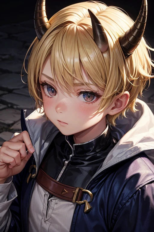 5 year old beast semi human boy with short blonde hair, peinado desorenado con orejas puntegudas ,small horns on the head,  Medieval assassin&#39;s clothing black green eyes holding a dagger brown shoes brown leather belt jade ornaments black devil tail in forest background with magical symbols