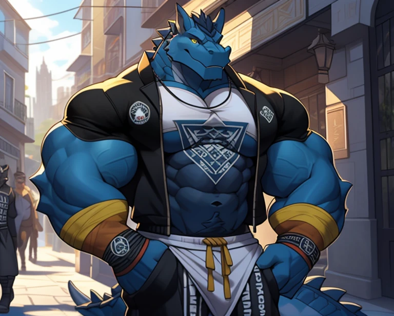 ((foto crua)), ((obra-prima)), Anthropomorphic humanoid alligator wearing (((roupas de streetwear))), caminhando furiosamente entre as pessoas, detalhe intrincado, intricate Greebles pieces, city behind, corpo musculoso, (((large muscles))), calda, muscular arms, (small head), Ogro monstruoso, Titan soft lighting, Hiper realista, soft-lighting, Ambiente sinistro