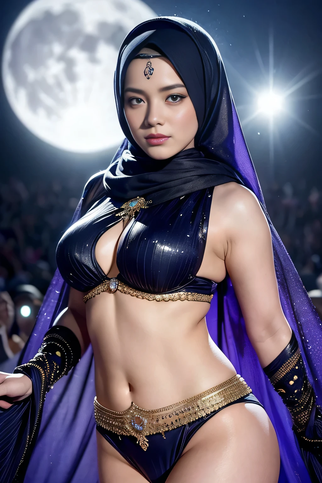 (best quality,ultra-detailed,realistic:1.37), beauty Emma stone with hijab on the stage, belly dancer exotic dancing costume, big breast, chubby, graceful movements, vibrant colors, seductive gaze, ethereal atmosphere, intricate jewelry, flowing veils, mesmerizing performance, hypnotic rhythms, alluring expressions, silhouetted against the moonlight, captivating stage presence, captivating music, enchanting and sensual.