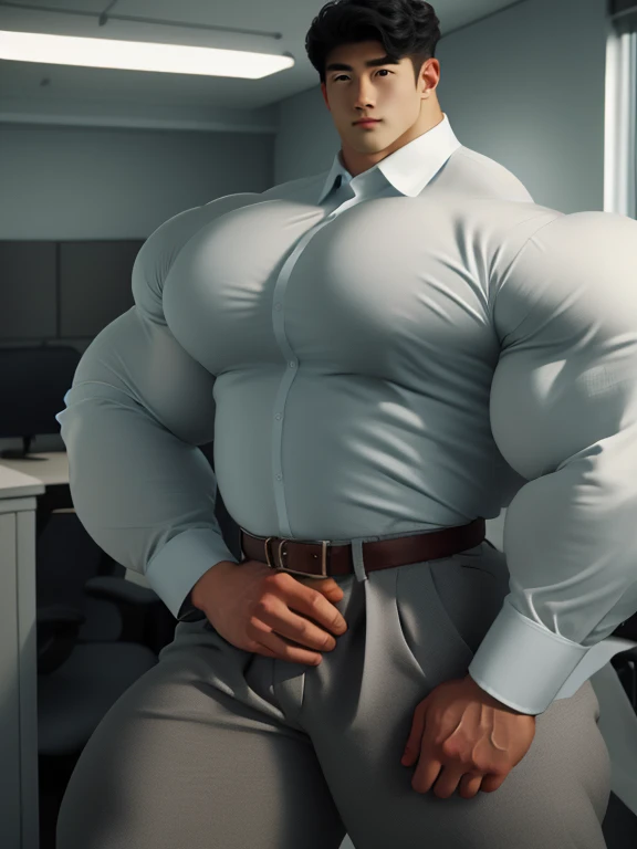 1man, a 28 year old muscular korean man, giant, strong body, brutalmass, massive body, bulk, wide pecs, large body size, huge legs, sexy, masculine, wear tailored shirt and pants, illuminating light, office room, masterpiece, best quality, 8k ultra hd, dslr camera, cinematic photorealistic