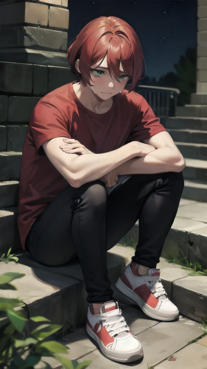 (masterpiece), ((sfw)), best quality, expressive eyes, perfect face, mature male, (1boy, adult Man, young adult, handsome man), solo, red hair BREAK bob cut, green eyes BREAK (tanned skin, tanned male), sad, looking down, looking away, sitting on stairs, outdoors, crying, tears, :(, red shirt BREAK, black pants BREAK sneakers, night time, dark