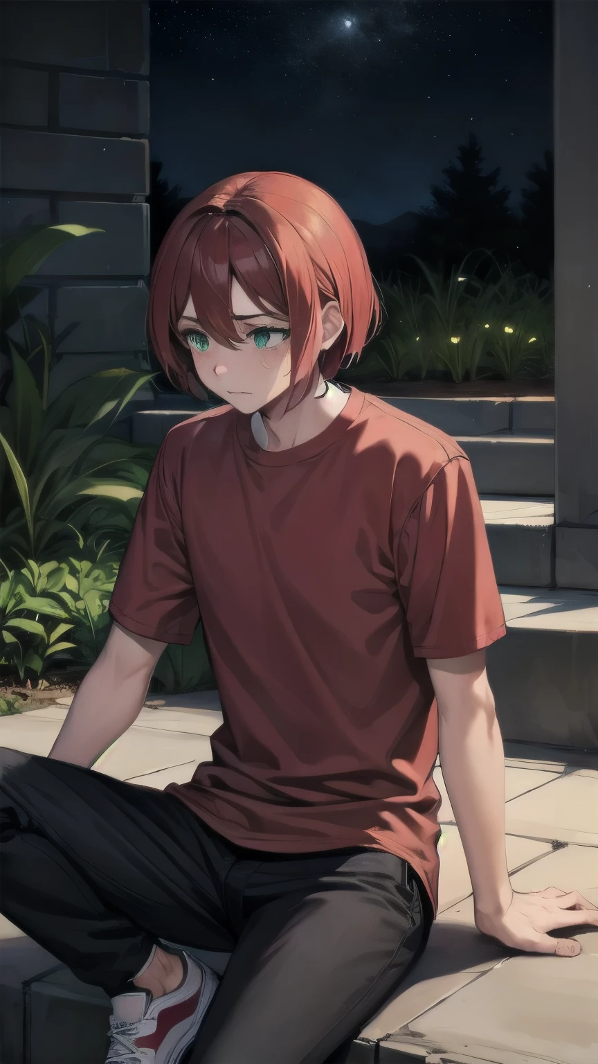 (masterpiece), ((sfw)), best quality, expressive eyes, perfect face, mature male, (1boy, adult Man, young adult, handsome man), solo, red hair BREAK bob cut, green eyes BREAK (tanned skin, tanned male), sad, looking down, looking away, sitting on stairs, outdoors, crying, tears, :(, red shirt BREAK, black pants BREAK sneakers, night time, dark