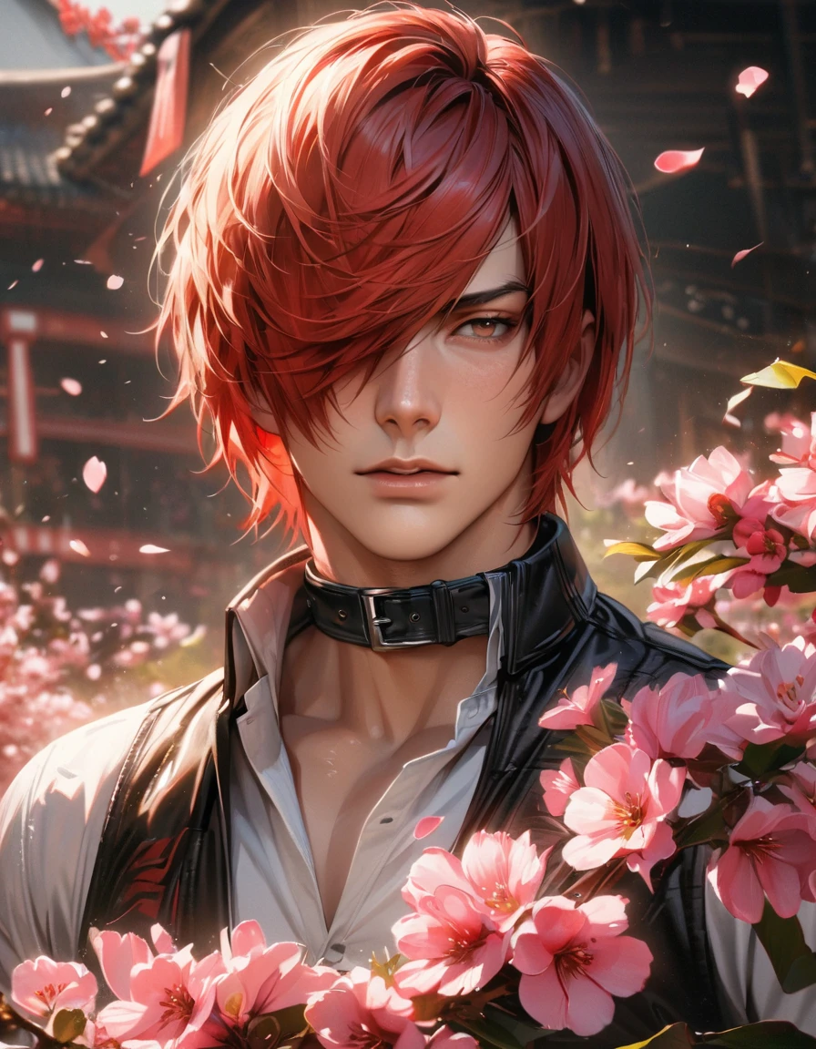 absurdres, highres, ultra detailed, HDR, master piece, best quality, extremely detailed face and eyes, realistic face, Iori Yagami, red hair, short hair, hair over the right eye, expressive brown eyes, The King Of Fighters, black vest, white shirt, black collar, solo, sexy man, handsome, pink flowers, blossoms, spring