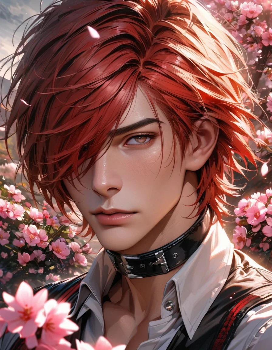absurdres, highres, ultra detailed, HDR, master piece, best quality, extremely detailed face and eyes, realistic face, Iori Yagami, red hair, short hair, hair over the right eye, expressive brown eyes, The King Of Fighters, black vest, white shirt, black collar, solo, sexy man, handsome, pink flowers, blossoms, spring