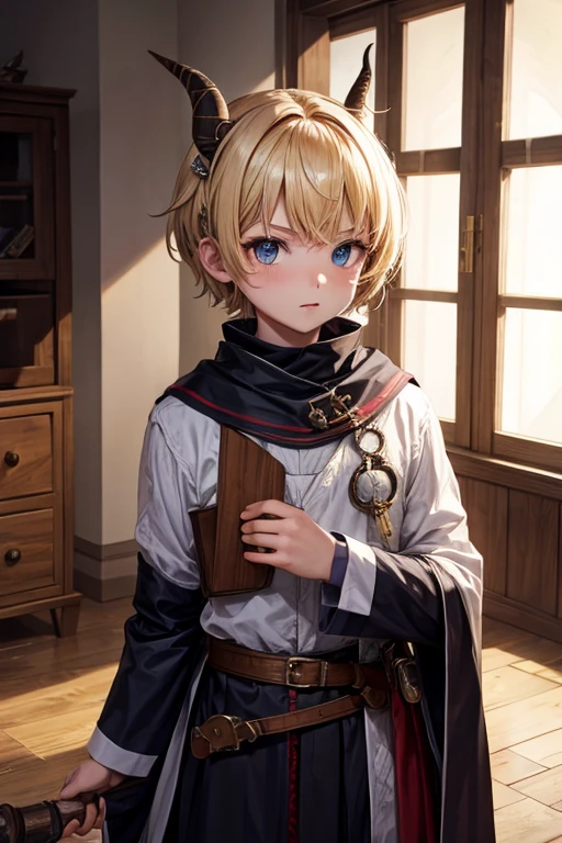 5 year old beast semi human boy with short blonde hair, peinado desorenado con orejas puntegudas ,small horns on the head, Medieval assassin's clothing black green eyes holding a dagger brown shoes brown leather belt jade ornaments black devil tail in forest background with magical symbols
