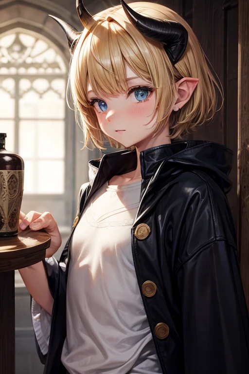 5 year old beast semi human boy with short blonde hair, peinado desorenado con orejas puntegudas ,small horns on the head, Medieval assassin's clothing black green eyes holding a dagger brown shoes brown leather belt jade ornaments black devil tail in forest background with magical symbols
