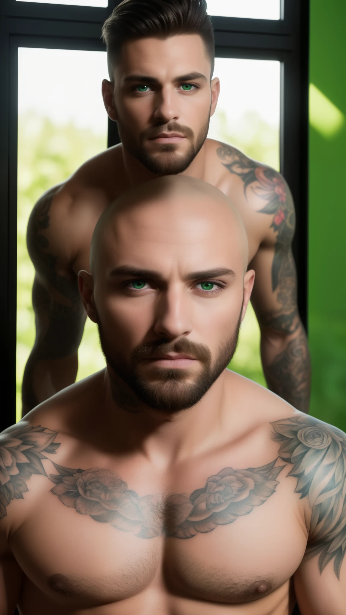 (Masterpiece of art: 1.2), ultra-detailed, (realistic, photorealistic, photo-realistic: 1.37), masculine man, tattooed man, piercing gaze at the camera, green emerald eyes, expressive eyes, natural golden sunlight, subtle shadows, strong jawline, intense stare, black hair, elegant posture, confident expression, black clothes, sharp focus, vibrant colors, bokeh, high-resolution photography (4K, 8K)