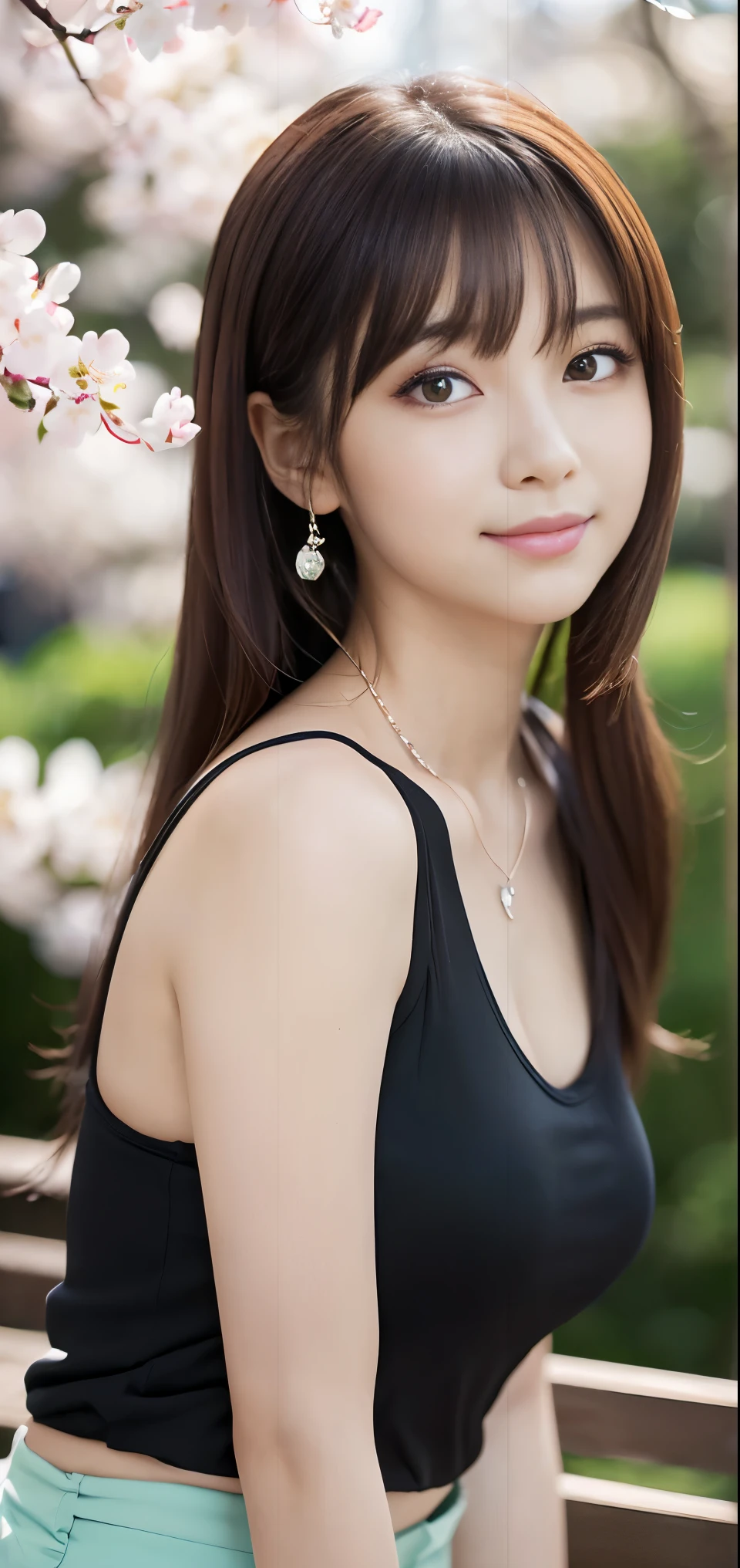 ((Tabletop, highest quality, High resolution, Hmph, Perfect Pixel, Written boundary depth, 4K, Hmph, Hmph))), 1 girl, single, alone, Beautiful Anime Girls, Beautiful art style, Anime characters, ((Long Hair, bangs, Brown Hair)), ((Green Eyes:1.4, Round eyes, Beautiful eyelashes, Realistic eyes)), ((Detailed face, blush:1.2)), ((Smooth texture:0.75, Realistic texture:0.65, Realistic:1.1, Anime CG Style)), Dynamic Angle, ((Black tank top, hot pants, Stylish, 1 diamond necklace)), smile, amusement park, ((cherry blossoms, cherry blossomsの花が散る))