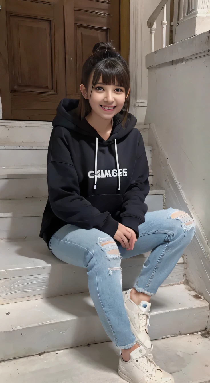 highest quality, Realistic, Very detailed, Finer details, High resolution, 8k wallpaper, One beautiful woman,Sit on the stairs、(Wear black socks)smile、(Beautiful teeth alignment、)(Gums are visible) Oversized hoodie, Skinny jeans,( Black sneakers)、Black Hair、 Beautiful Bangs、ear piercing、Perfect dynamic composition, Beautiful and detailed, Full Body Shot, A big smile