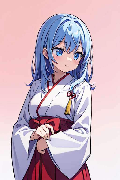 highest quality　High resolution　 {Red too:1.35},シンプルなShrine maiden服　Shrine maiden服　(white background white groundless background:1.5),　Long short hair　Drooping eyes　Anime style illustrations　Beauty　Shrine maiden　Cute eyes　smile　Scarlet hakama　Dark blue eyes 　One Woman　Light blue hair　Shortcuts　　Wide sleeves　Long hem　Looking up　Big Breasts　
