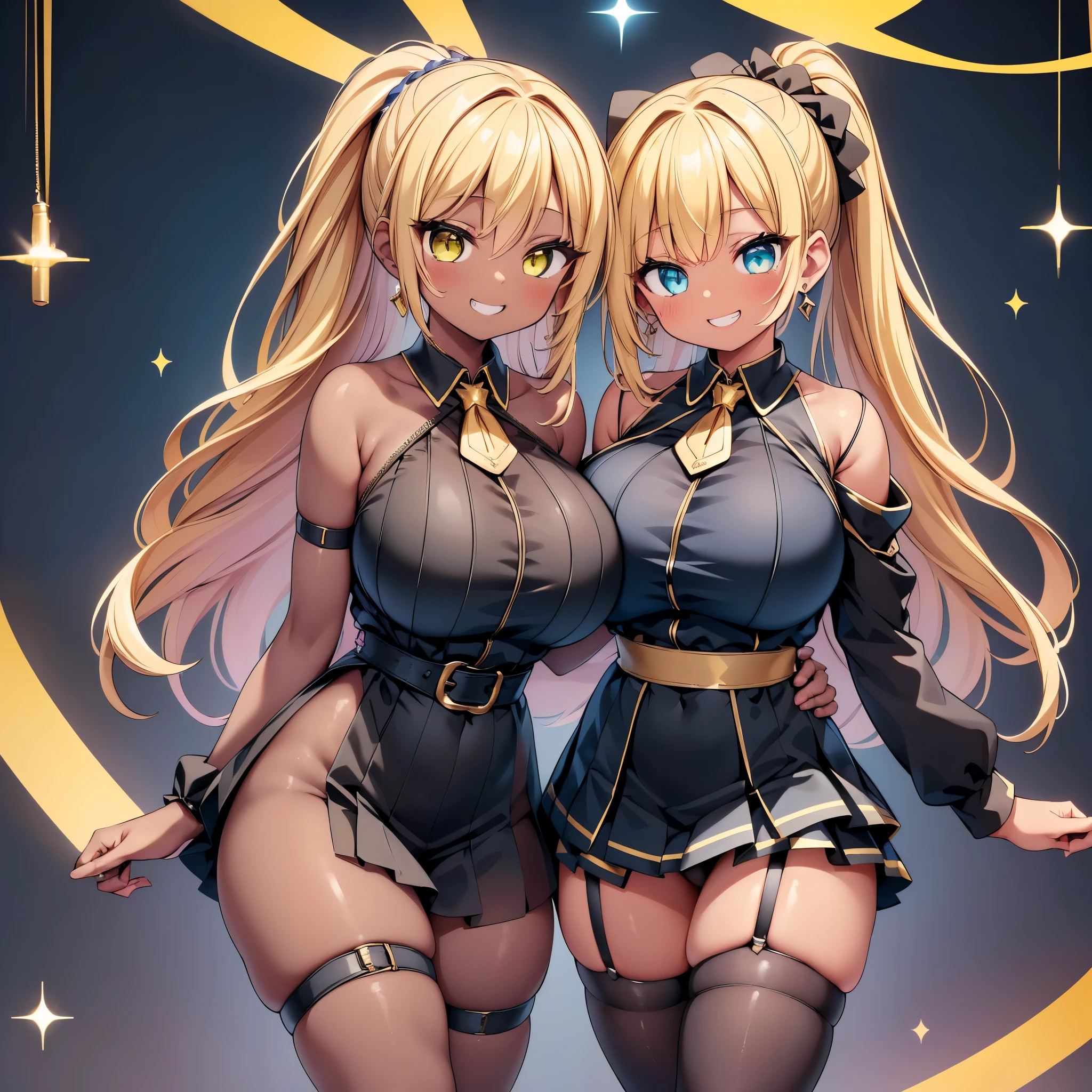(cute eyes:1.2), (sparkling eyes:1.2), (8K、Best image quality、highest quality、masterpiece)、Detailed face、(2 girls)、Improve、((Brown Skin:1.3))、blonde、Low Ponytail、Scrunchie、Yellow Eyes、Earrings、Wicked Smile、((Grin)), (glamorous:1.1), (huge breasts:), (Mesh Body Strap:1.3), , whole body, Classroom Background, (black stockings:1.2), (Thighs:1.2), (Waistline)