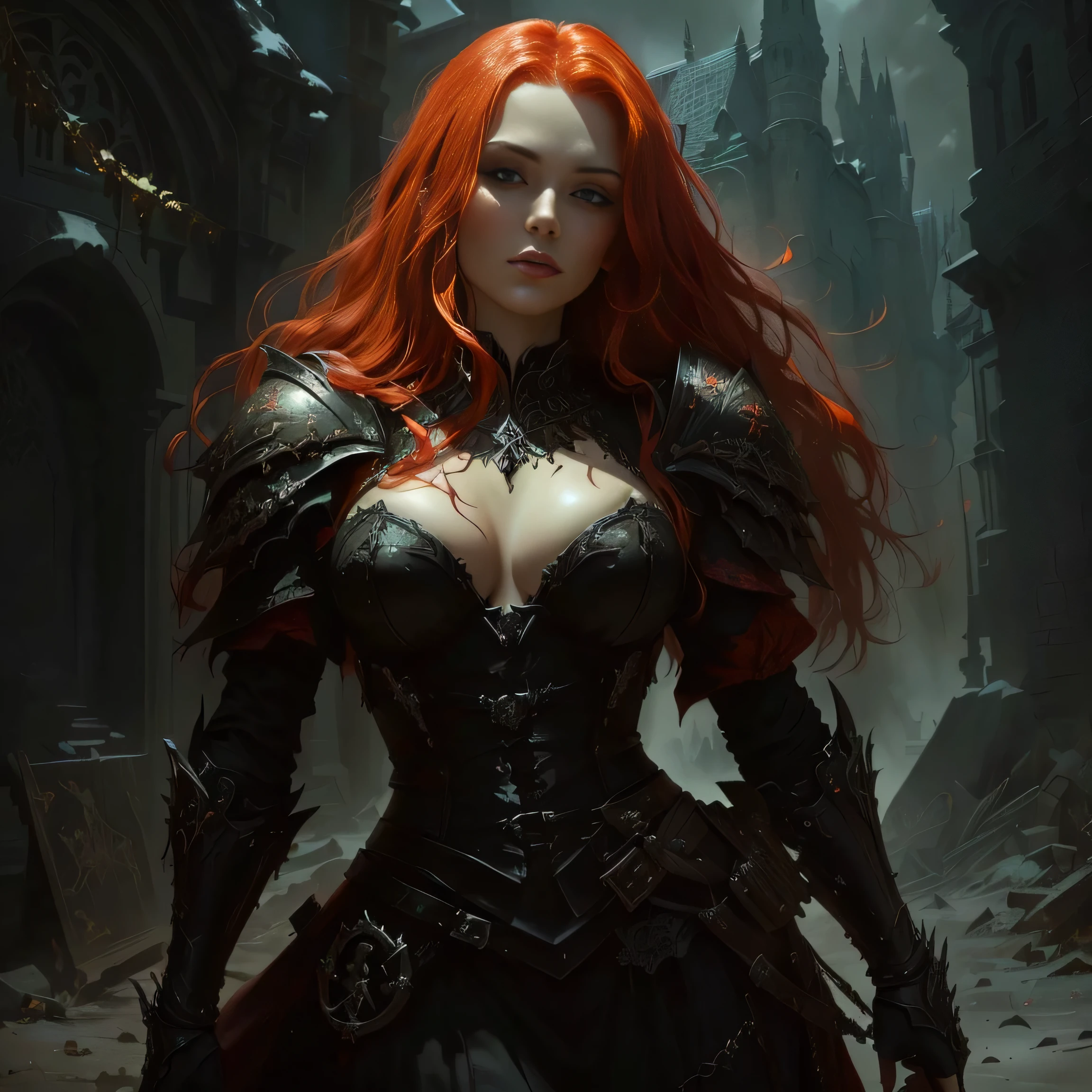 Black rose knight, rare, beast maiden, armor, beautiful girl, long red hair, Heterochromia, dark skin, town,