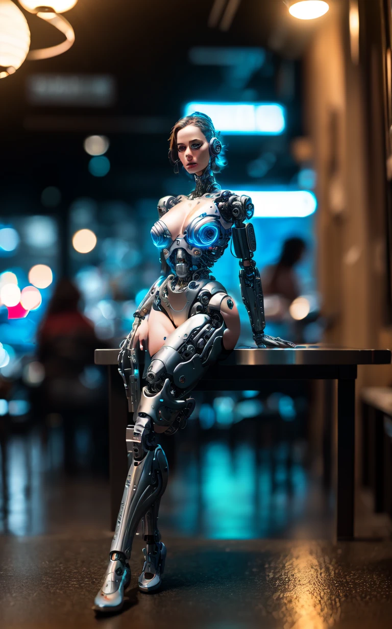 Sexy female cyborg erotically sitting at a table in a sidewalk cafe, foot on foot, (Best quality, 4K, 8k, A high resolution, masterpiece:1.2), absurdity, masterpiece, ultra detailed, (realistic, photorealistic, photorealistic:1.37), complex parts, HDR, (complex parts:1.12), (hyper detailed, hyper realistic, Soft lighting, spicy:1.2), beautiful figure, Magnificent Anatomy, (complex part, Hyper detailed:1.15), Smooth skin,