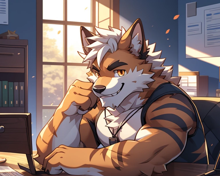 masterpiece, best quality, official art, Extremely detailed CG unified 8k wallpaper, overtakeDetails, Best Illustration, best shadow, perfect lighting,white fur, hairy male, Dog boy, hairy, Two-tone fur,male focus,striped hair, dog ears, animal ears,brown fur, Bangs, orange hair, white hair, medium hair, orange eyes, alone,black pupils,Orange tail,hairy tail,tall and strong,Smile,toothy,solo,hairy,hairy tail,Detailed background,4K,CG beautiful,depth of field, perfect lighting, The highest quality of light particles),(masterpiece),(overtake,sharp focus,light particles,eyes,watching_exist_audience, Smile, alone, hairy,Upper body, Sunlight, table,Sharp eyes,White teeth,Cheerful Smile,DetectiveIn the office,In the office