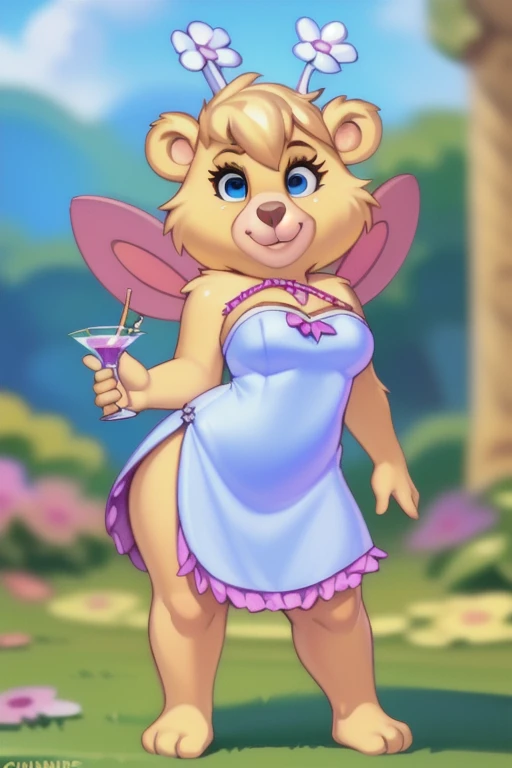 butterbear, bear, antennae_(anatomy), insect_wings, short stack, breasts, fancy cocktail dress, cocktail in hand, blue eyes, looking at viewer, 3 toes , showing feet, uploaded on e621, uploaded on fur affinity,(detailed background, depth of field), (intricate:1.1), (high detail:1.2), (soft focus), (masterpiece, best quality, 8k, 4k, shaded, absurd res), by Chunie, by CyanCapsule, by Hallogreen