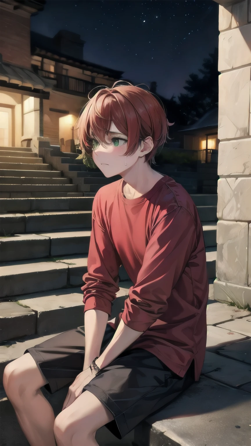 (masterpiece), ((sfw)), best quality, expressive eyes, perfect face, mature male, (1boy, adult Man, young adult, handsome man), solo, red hair BREAK bob cut, green eyes BREAK (tanned skin, tanned male), sad, looking down, looking away, sitting on stairs, outdoors, crying, tears, :(, red shirt BREAK, black pants BREAK sneakers, night time, dark