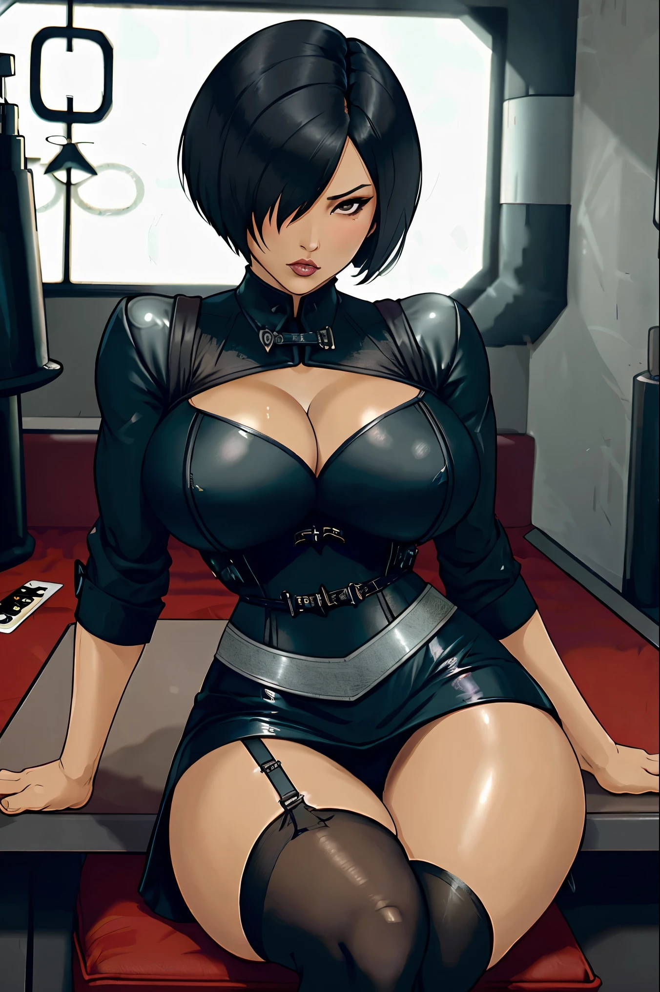 kiko, short hair, hair over one eye, asian, tanned skin, tanned, 35yo, mature woman, milf, serious, mad, dangerous, black female suit, cleavage, big breasts, suit skirt, nylon stockings, nylon thighighs, sit with elegance, in a diamond design casino