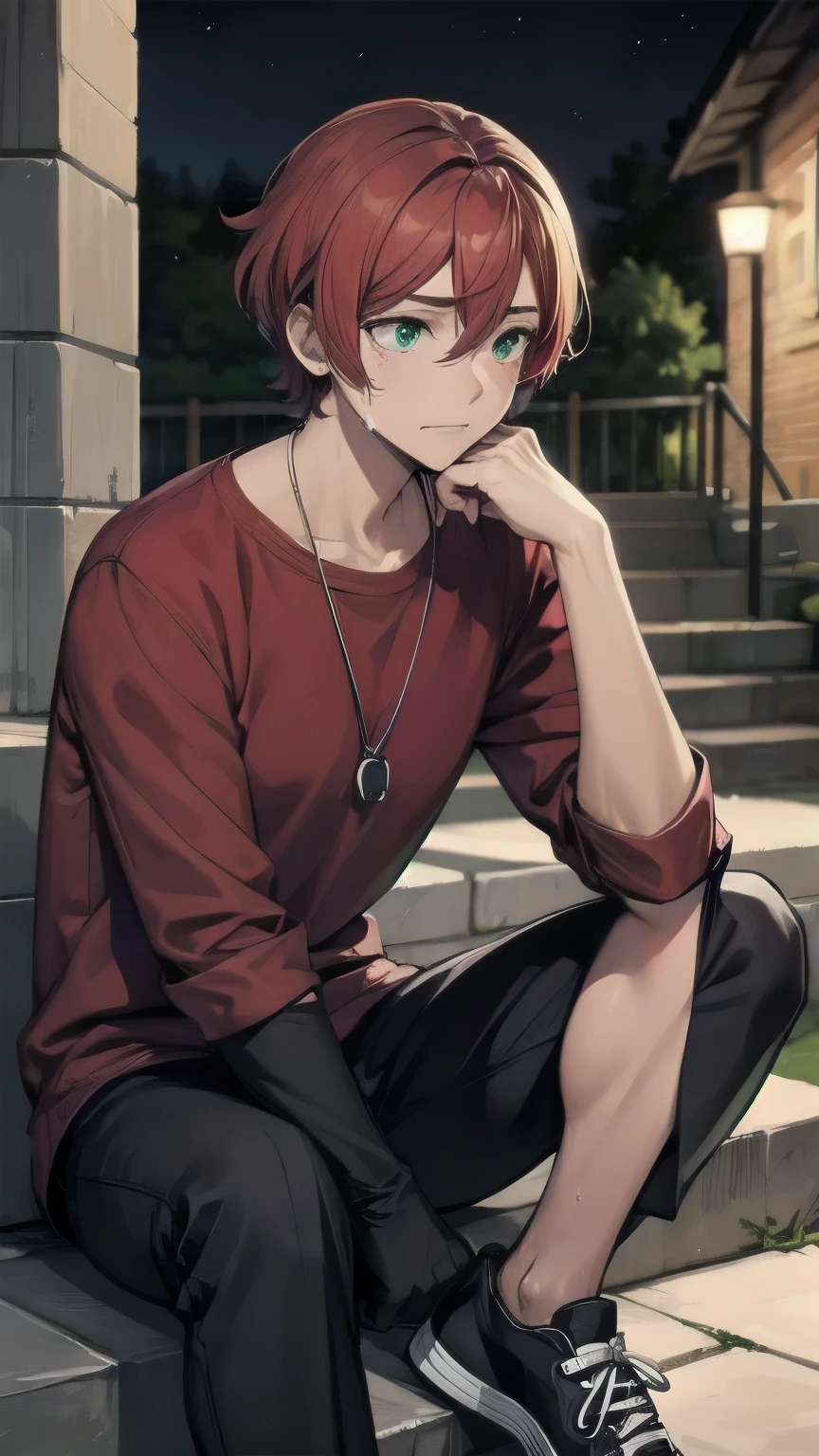 (masterpiece), ((sfw)), best quality, expressive eyes, perfect face, mature male, (1boy, adult Man, young adult, handsome man), solo, red hair BREAK bob cut, green eyes BREAK (tanned skin, tanned male), sad, looking down, looking away, sitting on stairs, outdoors, crying, tears, :(, red shirt BREAK, black pants BREAK sneakers, night time, dark