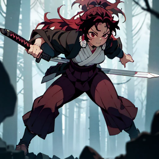 (best quality,4k,8k,highres,masterpiece:1.2),anime style,Kamado Douko from Demon Slayer,fiery red hair,intense gaze,traditional demon-slaying attire,slight sweat on brow,long sword slung over shoulder,ready for action,echoing roar of demon in background,girl stands boldly with determined expression,intense and focused eyes,tip of tongue peeks out from lips,dim light flickering against scarlet hair,fiery glow,demon's eyes meet hers,battle fueled by adrenaline,danger,and valor[. With a smile]!Enlarge your breasts and buttocks!Full body depiction! Long hair