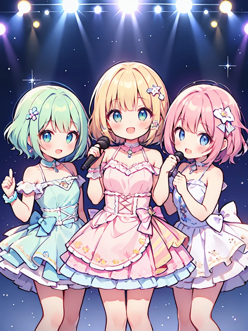 masterpiece, highest quality, Highest Resolution、Three Girls, short hair, pastel colour、Idol Type、Hold the microphone with both hands、Cute Dresses、Sparkling eyes、A smile that will captivate you、Spotlight、Sparkling Stage.