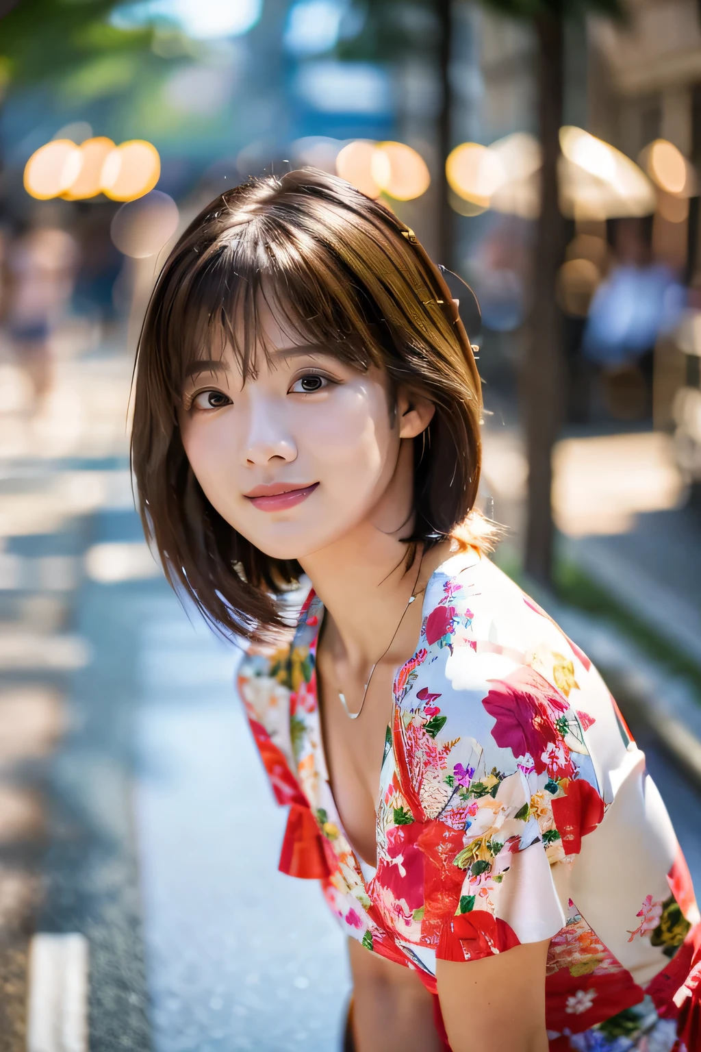 (Shopping street on a rainy day:1.5)、(Posing with an umbrella:1.5)、(Floral dress:1.5)、(Full-body photo:1.5)、highest quality, Photorealistic, Very detailed, finely, High resolution, 8K Wallpaper, Professional, High level of detail, ((One 18 year old girl:1.2)), Slender Japanese women,Pretty lips, (Beautiful long lashes:1.2)、Detailed clavicle, Perfect Face, (Cute short bob hair:1.5),Top Quality，Ultra-clear resolution，Clear Eyes，Sunburned skin，perfect medium breasts，A pretty necklace around the neck、have perfect legs，A kind smile、