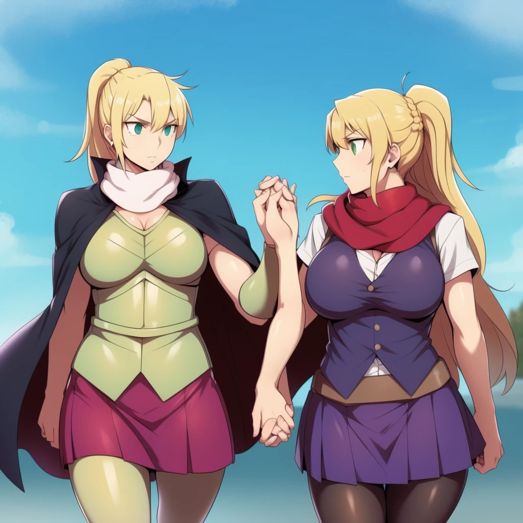 skirt vest, pantyhose, ponytail, long hair, blond hair, knight, medium breast, alicetaria february, green eyes, 2 girls walking holding hands, lance holding, cape, scarf, walking, 2 girls