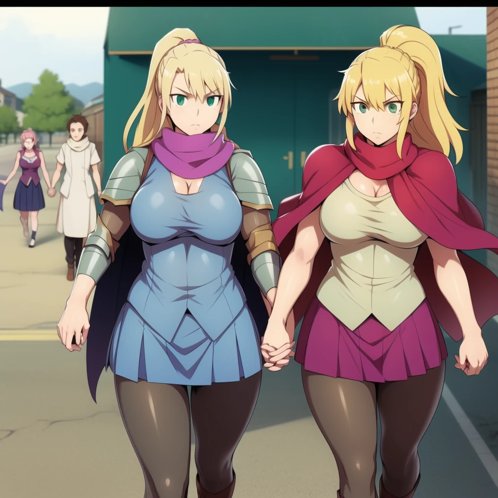skirt vest, pantyhose, ponytail, long hair, blond hair, knight, medium breast, alicetaria february, green eyes, 2 girls walking holding hands, lance holding, cape, scarf, walking, 2 girls