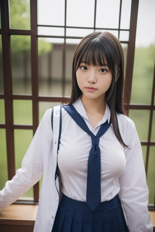 (highest quality,8k,RAW Photos,Realistic,High resolution:1.2),(Cute Japanese Girl),(Huge breasts:1.20),(The body is slim、Naughty body),(Japan High School Uniform),(School classroom),(18-year-old、difficult、Lofty dream、Prisoner of war of a male classmate、The presence of idols),(Beautiful Realistic Asians:1.5、Kindness)、Professional、