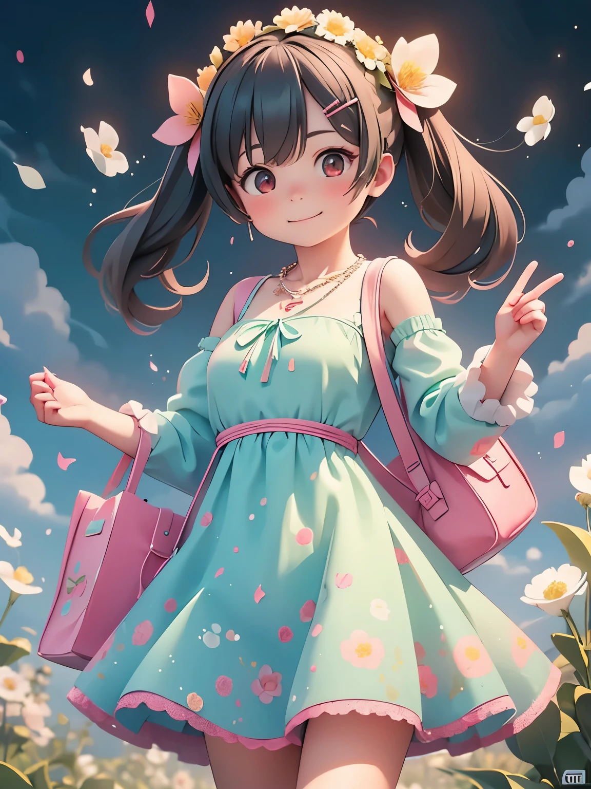 (masterpiece、highest quality、highest quality、Official Art、Beautiful and beautiful:1.2)、(One girl:1.3)Hatsune Miku、Twin tails,Beautiful breasts,highest quality, masterpiece, High resolution, alone, {green葉_cocoon_Climbing encouragement:1.15}, Brown_hair, red面, length_hair, hair_ornament, hairclip, Braiding, Braidinged_前hair, smile, flower, hair_flower, Outdoor, red_eye, One girl, dress, Have, No sleeve, No sleeve_dress, sun_Have, green_dress, Have_ribbon, Day, bag, Closed_mouth, jewelry, necklace, ribbon, null, green_null, handbag