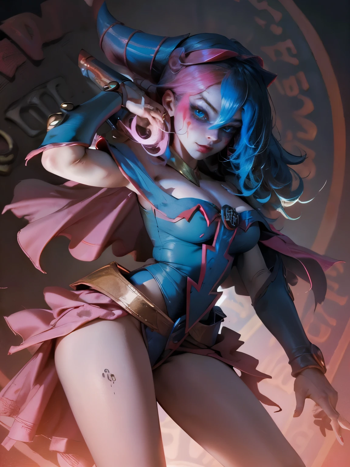 Maga oscura gils vestida de Harley Quinn. Tiene cabello rubio y negro. Ojos azules. Labios rojos. Gils, el mago oscuro, se viste como Harley Quinn. Pose sensual y inocente. Fondo de circo y magia.