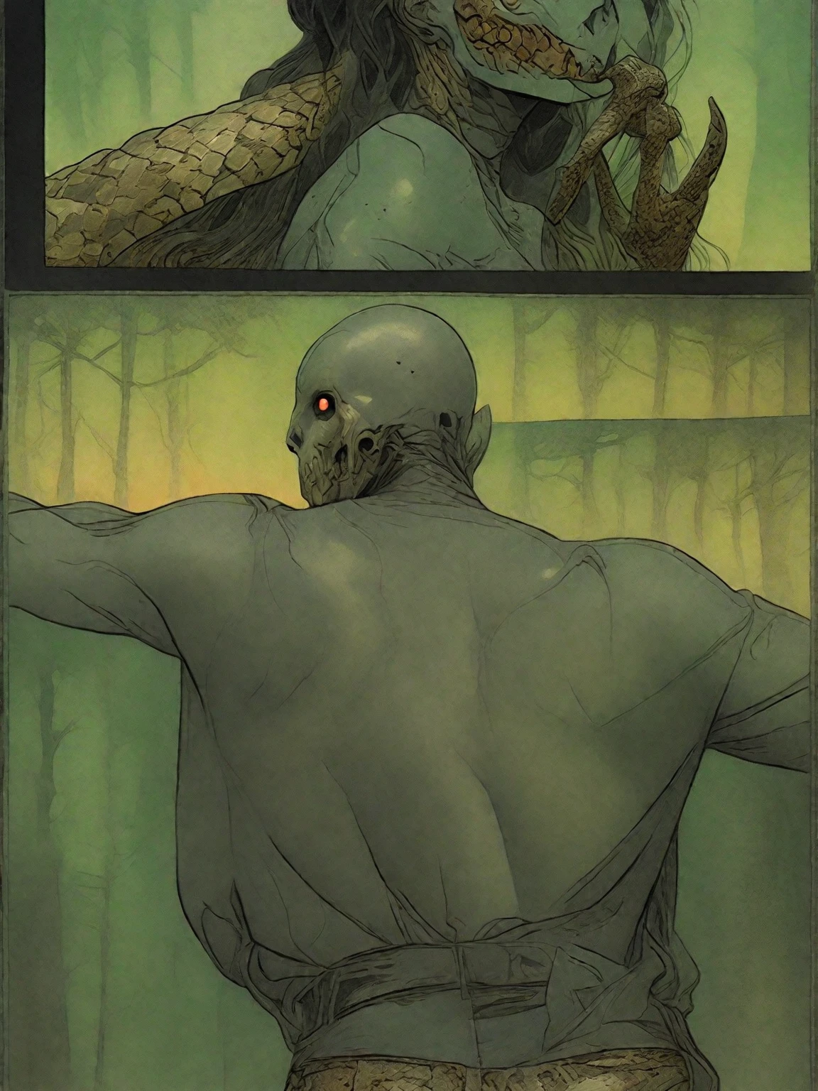 Medusa, splash page decompressed comic cover art, ink style figure,((expressive Joelle Jones and "Sean Gordon Murphy" comic drawing)), wordless, cinematic poster, double exposure, optical illusion, image within image, abyss void black no visibility darkness, full length portrait, (background, pine barrens, entropy, rewilding, magic hour sunset, galaxy stars, cosmos), (horror, abstract, surreal, body, cosmic), candid, snake skin dress, morphology anatomy drawn Frederic Delavier musculature anatomical illustration, (face, ornate black metal corpse paint, resembles Grace Jones), (body, Naga, snakefolk, lower body snake tail, snake woman hybrid, bald, hairless, skeleton, snake skin tattoos, piercing eyes, snake pupils, over the shoulder), (colors, bleak muted deep fiery radiant glowing ROYGBIV, forest green, earth brown), craftsmanship nuance, (Gerardo Zaffino charcoal), subliminal orchids, nyctophobia, silhouette
