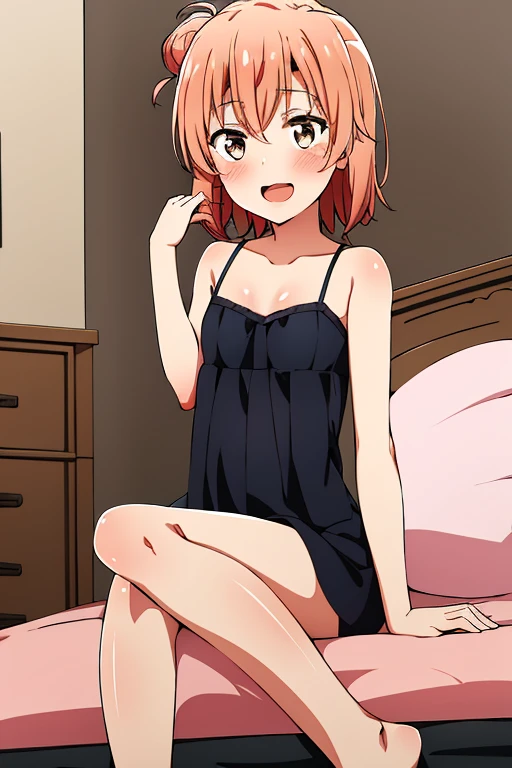 ((highest quality)), ((masterpiece)), (be familiar with), Perfect Face, indoor, Bedroom, Watching the audience,
One woman, Yuigahama Yui,
Open Mouth, Ecstatic expression, blush, smile,
Small breasts, Flat Chest, Young Girl, , , Girl,
Short Hair, Salmon-colored hair, Salmon-colored eyes, Side Pony,
Leg spread,