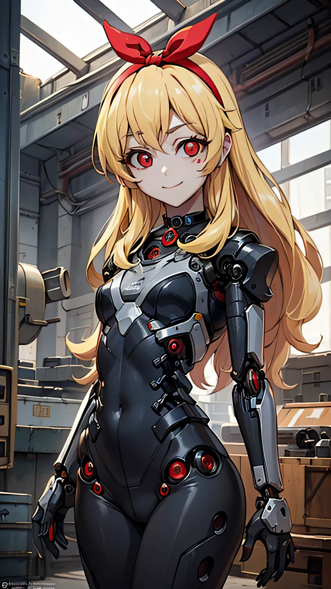 (RED Ribbon on HAIRband:1.2),(8k, RAW photo, high quality, masterpiece:1.2), High-definition RAW color photo, Professional photo shoot, cinematic light, alone, (((The body of the machine, female mechanical doll))), (detailed expression), (small face), (((blonde HAIR, red eye:1.5))), choker, attractive body, (slim body shape:1.4), Very detailed face and skin texture, fine eyes, ((Emotionless smile)), (black and red body color), (machine made joint:1.4), ((mechanical limbechanical vertebrae)), ((Mechanical cervical vertebrae attached to a choker)), wires and cables connected to the body), (Countless tubes connected from blood vessels to external machines), seductive thighs, Underground facilities:1.5, Beautiful skin and the luster of metal materials, perfect fingers, five fingers, anatomically correct, background bokeh, high quality, Sci-Fi Art, bright colors, ((nikon, 135㎜, f/1.8, very detailed, photo shoot)),