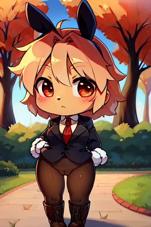 boy, bunny, furry, bodyfur, blazer, no panties under pantyhose, gloves, boots, chibi, park