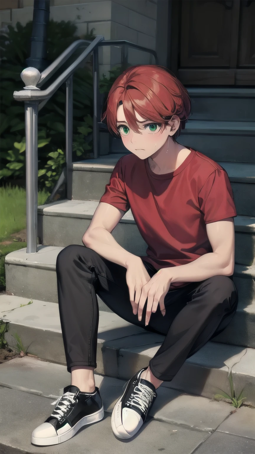 (masterpiece), ((sfw)), best quality, expressive eyes, perfect face, mature male, (1boy, adult Man, young adult, handsome man), solo, red hair BREAK bob cut, green eyes BREAK (tanned skin, tanned male), sad, looking down, looking away, sitting on stairs, outdoors, crying, tears, :(, red shirt BREAK, black pants BREAK sneakers 