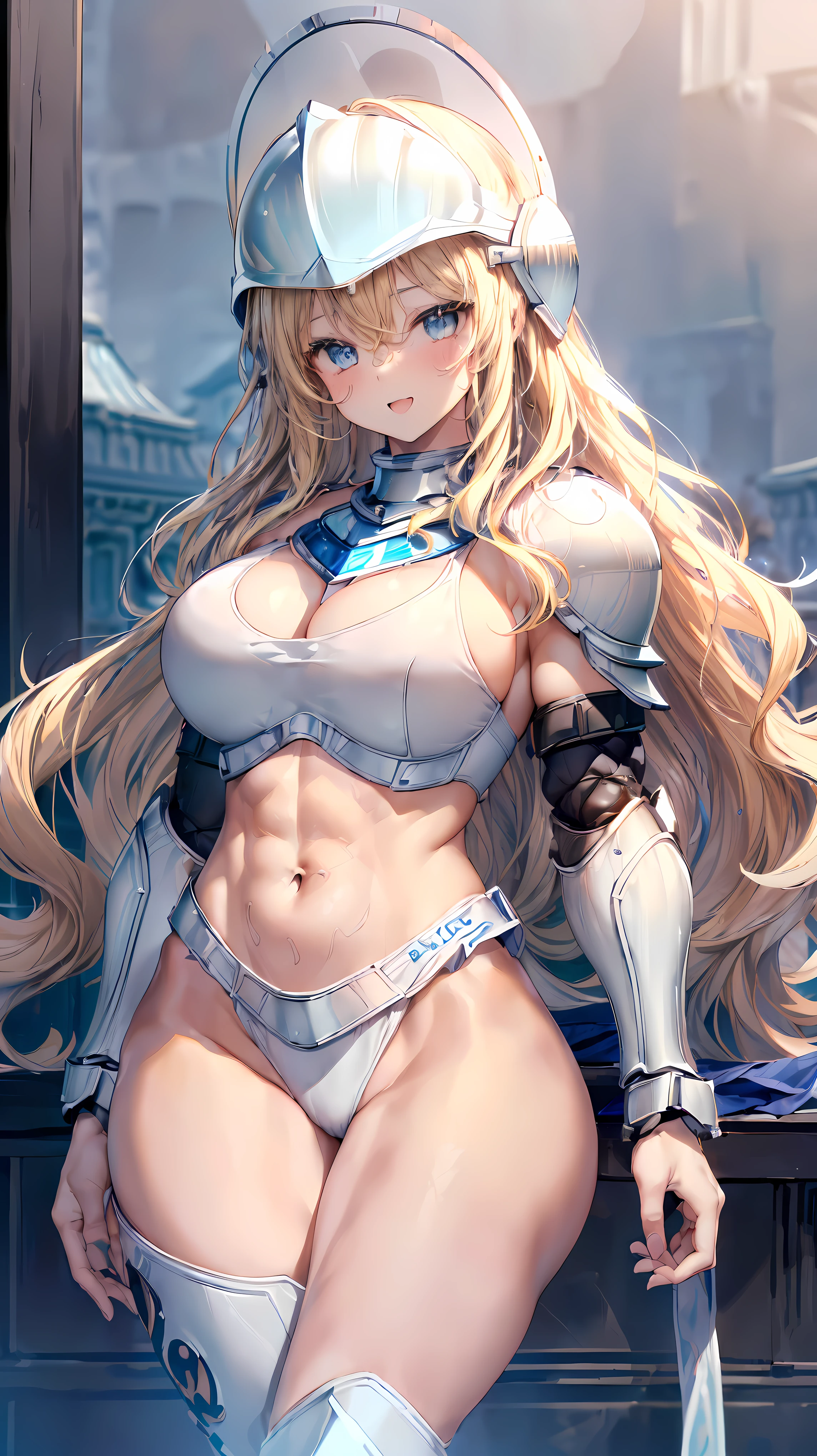 (Adult women:1.5)、Very detailed、highest quality、Best image quality、masterpiece、8k、Anime Face、A kind smile、(Open your mouth:1.3)、Sparkling blue eyes、(Blonde Wavy Hair:1.5)、、Muscles of the whole body、(High leg:1.5)、Thigh belt、(Wearing white bikini armor:1.5)、(Cowboy Shot:1.5)、(Leg armor:1.5)、(Wearing a helmet:1.5)、SFW Giant