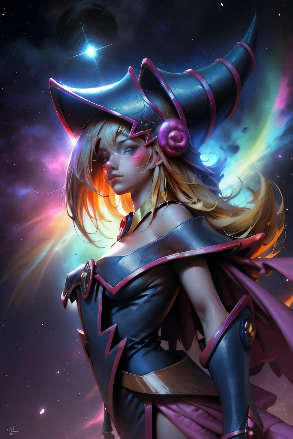 Giles magos oscuros. magos oscuros. ojos azules. cabello rubio. labios rojos. Detailed Features.., cosmic colors, ethereal lighting, Pintura surrealista, high resolution, otherworldly atmosphere, Seres celestiales. Hermosa diosa