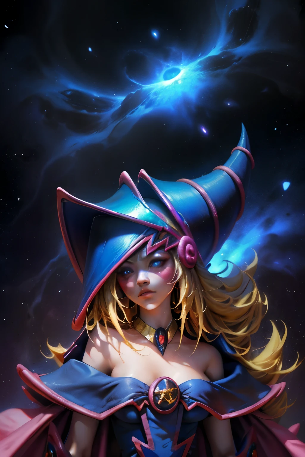 Giles magos oscuros. magos oscuros. ojos azules. cabello rubio. labios rojos. Detailed Features.., cosmic colors, ethereal lighting, Pintura surrealista, high resolution, otherworldly atmosphere, Seres celestiales. Hermosa diosa