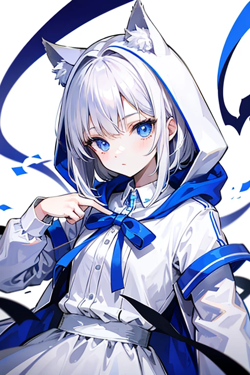 White jacket with cat hood　　Blue eyes　Hair is white　Bob　one person　Cats Around　White dress shirt and blue skirt　Blue ribbon around neck